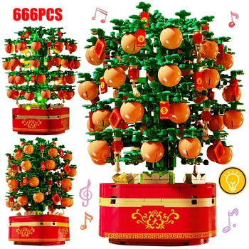 666PCS Miesto Kinų stiliaus Vazoninių Augalų Besisukantis Muzikos Blokai Kinkanas Medžio Baldai Švenčių Plytų Žaislai Vaikams