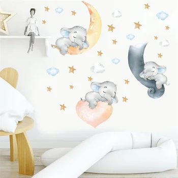 Animacinių filmų Baby Dramblys Mėnulis, Žvaigždės, Sienų Lipdukai Nurserry Sienų Lipdukai Vaikų Kambario dekoro pegatinas de sumalti