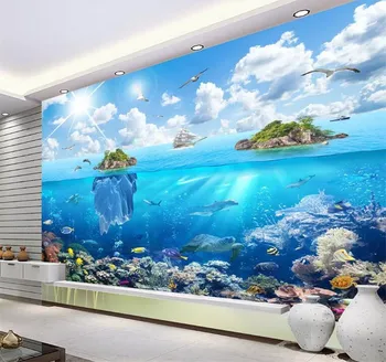 Custom foto tapetai buriavimo island 3D povandeninio pasaulio, žuvų animaciją paveikslėlį kambarį, vaikų, miegamojo, dekoratyvinės sienų mura