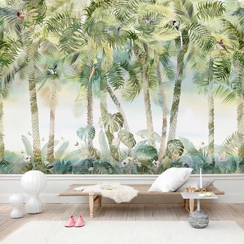 Custom Sienų Tapetai Europos Stiliaus Rankomis Dažyti Kokoso Medis, Gėlių Ir Paukščių Foto Sienų Dekoras Kambarį TV Sofos Apmušalai