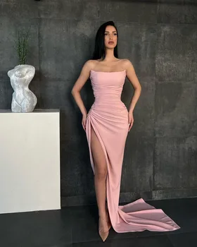 Elegantiškas Stebėjimo Oficialų Suknelė Rožinės Spalvos Satino Plisuotos Užsakymą Pagaminti Aukštos Padalinta Sexy Ilga Undinė Prom Dresses