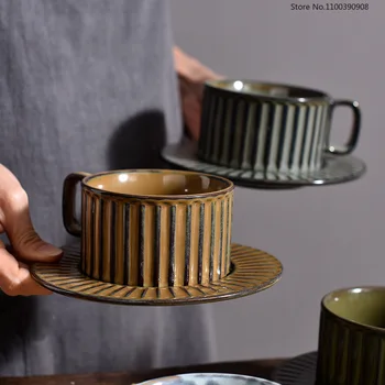Japonų Stiliaus Paprasta Rupi Keramikos Kavos Puodelis su Lėkšte Retro Antikvariniai Vertikalus Grūdų Kavos Puodelis po Pietų Karšto Vandens Butelį