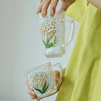Kūrybinės pusės-dažytos prancūzijos pearl taurės temperatūrai atsparus vandens puodelį gėlių stiklo kavos puodelis arbatos puodelio klasikinė taurė vyno taurės