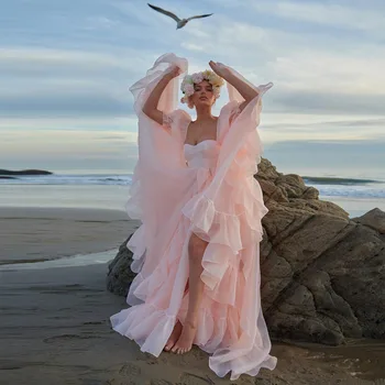 Naujas Atvykimo 2023 Brangioji Aikštėje Apykaklės Blush Rožinės spalvos Organza Ruffles Beach Ilgai Prom Dresses فستان سهرة