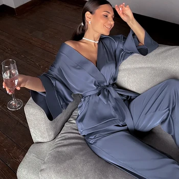Naujas Retro Classcial Ilgomis Rankovėmis Sleepwear 2 Vnt Moterų V-Kaklo Diržas Chalatas, Kelnės Su Pižamą Vientisos Spalvos Šilko Maudymosi Kostiumas