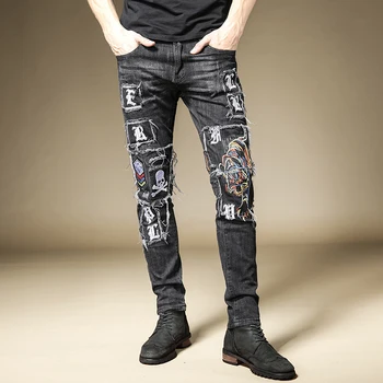 Nemokamas Pristatymas Naujos vyrų vyrų kelnės Siuvinėti džinsai tiesios gatvės mados naktinis klubas rock punk stiliaus hip-hop džinsinio audinio kelnės