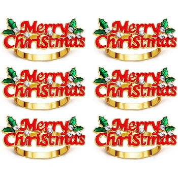 Praktinių Kalėdų Servetėlių Žiedai Rinkinys 6, Raudona Linksmų Kalėdų Servetėlių Žiedas, Servetėlių Laikiklis Kalėdų Vakarėlį Vakarienės Stalo Dekoras