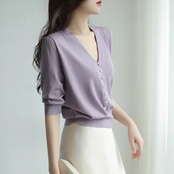 Saldus V Kaklo Sagos, Mezgimo Marškinėliai Elegantiškas Mados Tees Korėjos Vientisos Spalvos Moterims Topai Vasaros Ponios Drabužiai Y2k T Shirts