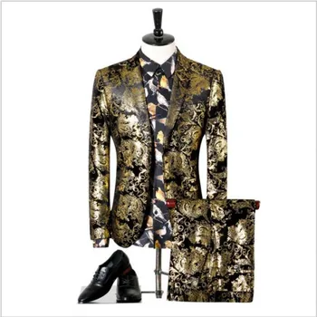 (Striukė+Kelnės) Vyrų Aukso Paisley Spausdinti Gėlių Juodojo Aukso Smokingas Etape Kostiumai Slim Fit Švarkas vyriški Vestuvių Kostiumas