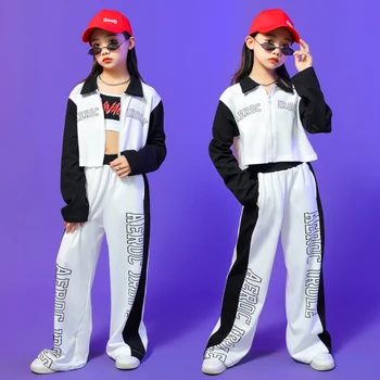 Vaikai Kietas Hip-Hop Drabužių Zip Iki Apkarpyti Viršūnes Tank Marškinėliai Streetwear Sporto Prakaitas Pants Mergina Paauglių Šokio Kostiumų Drabužių Komplektus