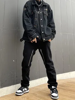 Vyrų Slim Džinsai Streetwear Užtrauktukas Žmogus Kelnes Korėjos Mados Juoda Punk Y2k Džinsinio Audinio Kelnės Harajuku Krovinių Hip-Hop Atsitiktinis Trendyol